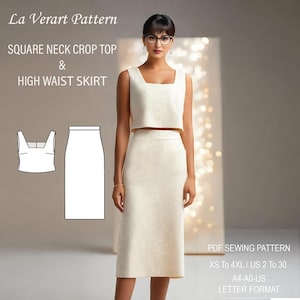 Modello di cucito per abito in due pezzi – Top corto con scollo quadrato e gonna midi – Set coordinato – Abito da invitata a nozze – Completo elegante – Modello di cucito facile