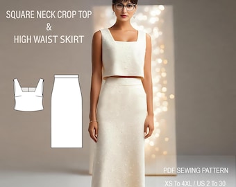 Two Piece Dress Sewing Pattern – Square Neck Crop Top & Midi Skirt – Co-ord Set – Wedding Guest Dress – Elegant Outfit – Easy Sewing Pattern