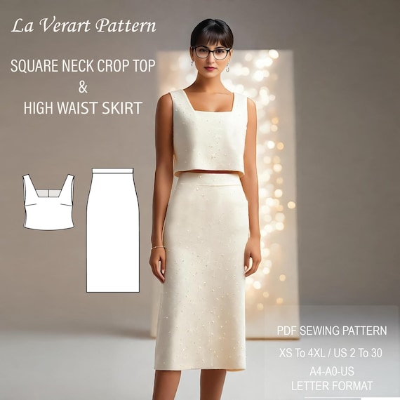 Two Piece Dress Sewing Pattern – Square Neck Crop Top & Midi Skirt – Co-ord Set – Wedding Guest Dress – Elegant Outfit – Easy Sewing Pattern