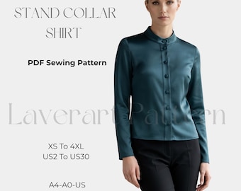 Pearl Stand Collar Shirt Sewing Pattern, Long Sleeve Women's Shirt, XS-4XL PDF Digital Download