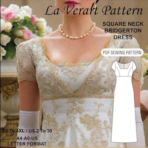 Puede incluir: Un vestido blanco con bordados dorados y un escote cuadrado. El vestido se muestra en una modelo y tiene un diseño simple y elegante. La imagen también incluye un dibujo de línea del vestido, que está etiquetado como "Square Neck Bridgerton Dress" y "PDF Sewing Pattern".