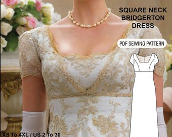 May include: A white dress with gold embroidery and a square neckline. The dress is shown on a model and has a simple, elegant design. The image also includes a line drawing of the dress, which is labeled "Square Neck Bridgerton Dress" and "PDF Sewing Pattern".