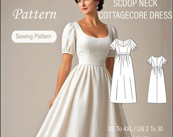 Linencore Cottage Kleid Schnittmuster: Regency Kleid (Größe XS-4XL) (PDF-Muster)