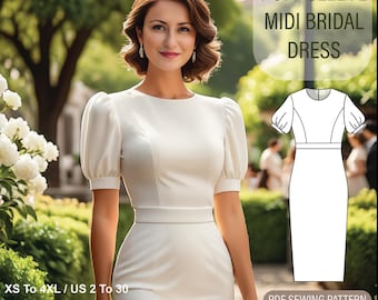 Puff sleeve bridal shower dress sewing pattern, round neck white midi dress pattern, pensil evening gown,  A0 A4 USLetter, Size:US 2 to 30