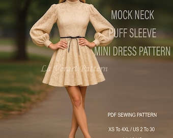 High Neck Dress Pattern, Puff Sleeve Dress Sewing Pattern, Mini Wedding Dress Pattern, Women Dress Sewing Pattern PDF, Size: US 2 to 30