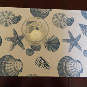Seashells Table Runner. Blue on Natural Runner. 108&quot; Table Runner.  Beach Table Runner. Coastal Runner. Extra Long Runner. Summer Runner.