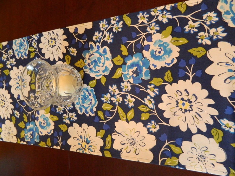 72 Runner Navy Blue and White Runner Year /'Round Table Runner. Blue Floral Table Runner Spring Runner Contemporary Table Runner