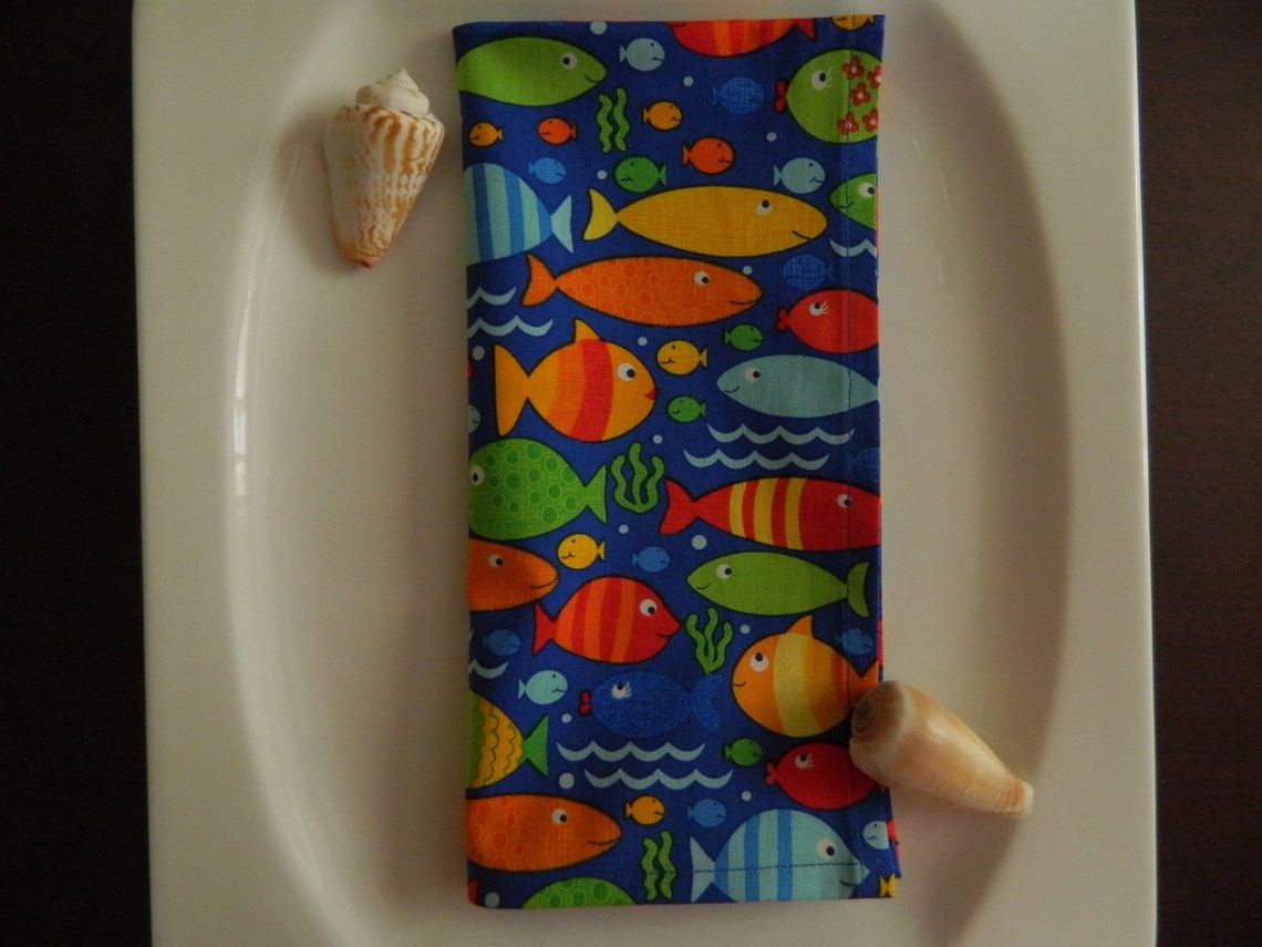 Seafood Napkins. Colorful Fish & Starfish on Blue and White Etsy