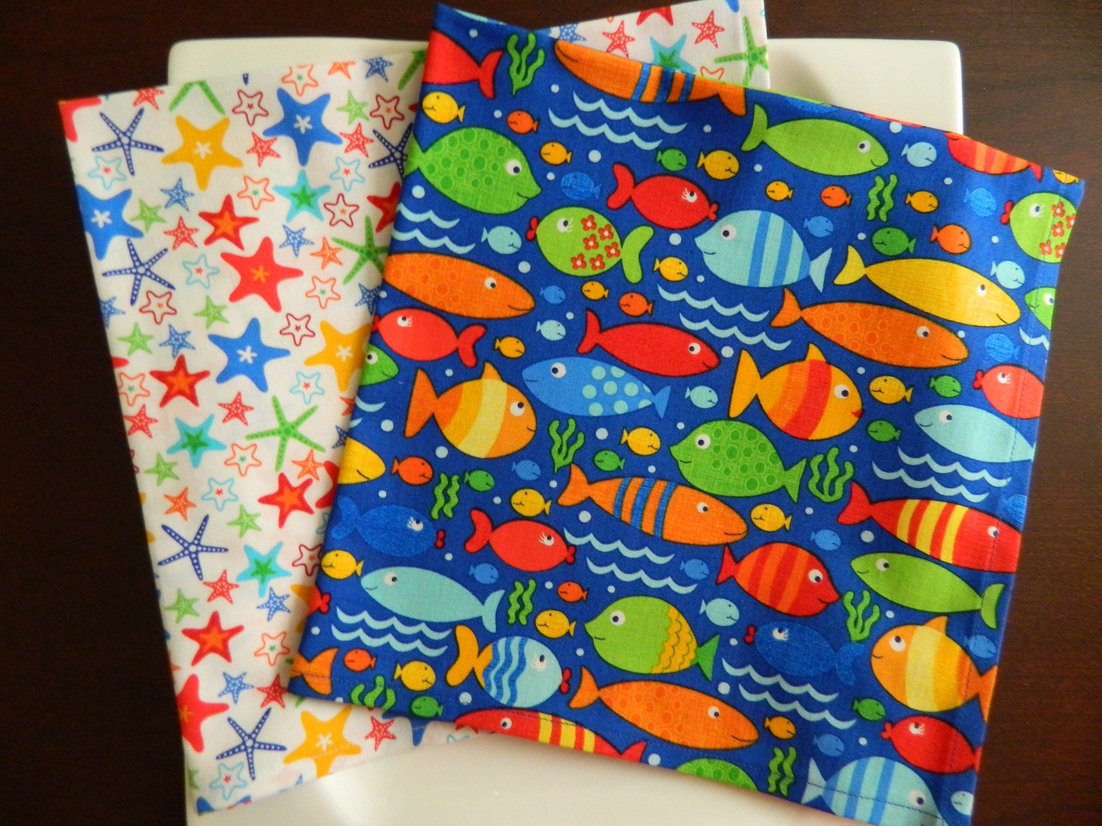 Seafood Napkins. Colorful Fish & Starfish on Blue and White Etsy