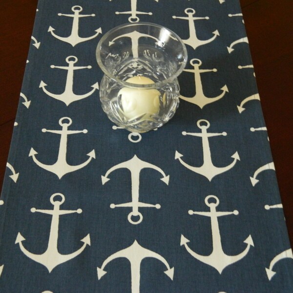 Navy Blue & White Anchors Table Runner. 72" Table Runner. Nautical Runner. Summer Runner. Picnic and Barbeque Runner.