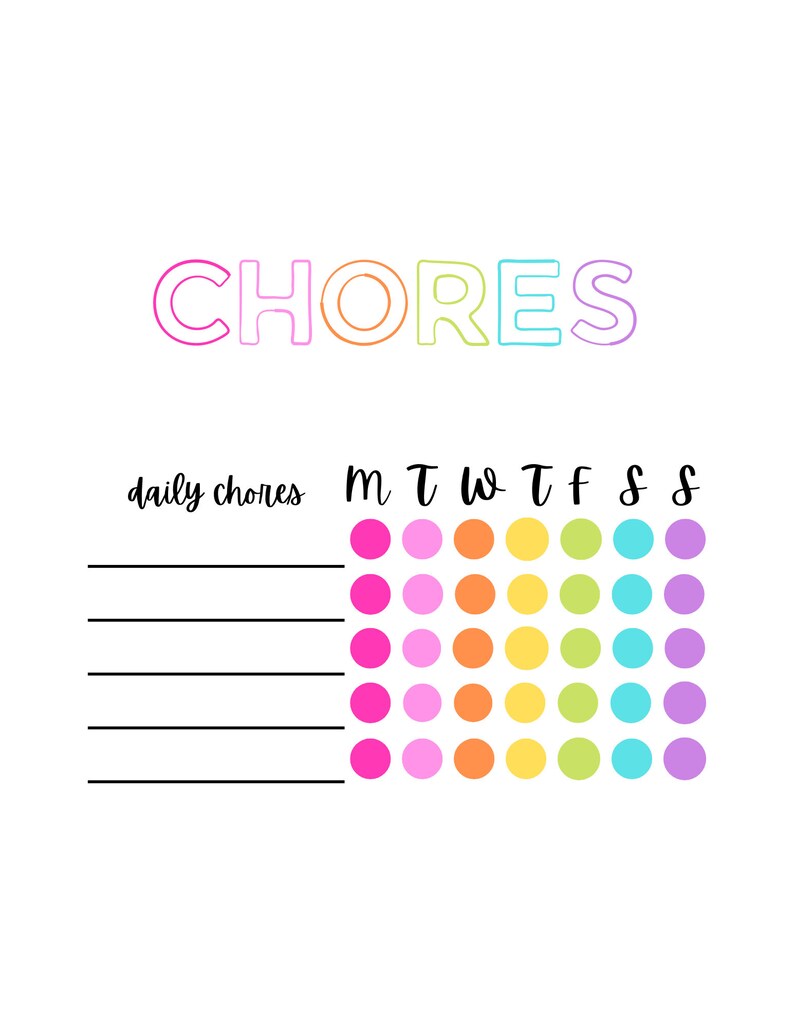 Kids Chore Chart Printable Colorful Daily Chore Sheet Fun Rainbow Kids ...