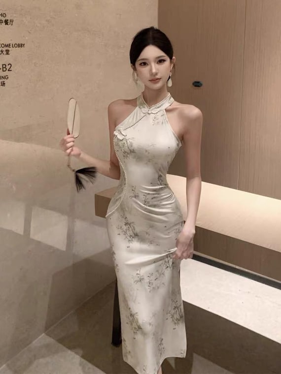 homecoming dresses asian Modern Cheongsam | Qipao Dress | White Slit Dress | Pearl Halter Dress | Tea Ceremony Qipao Dress | Sleeveless Dress chinese prom dress