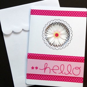 Handgemachte Hello Blank Notizkarte - Pink Polkadots Blume Versandkostenfrei