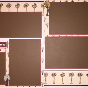 May include: A scrapbook layout with a brown background and a border of fall trees. The layout has four photo spaces with the text "Fall Trees" and "My Favorite Time of Year".