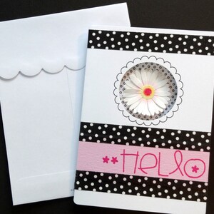 Handgemaakte Hello Blank Note Card - Zwart Roze Polkadots Bloem Gratis Verzending