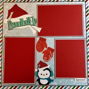 BUNDLED UP 12 x 12 Premade Scrapbook Layout - Invierno - Pingüino - Trineo - Mitones Envío Gratis