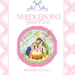 Könnte beinhalten: Ein Stickmuster für Needlepoint mit einer kreisförmigen Krippenszene, einem Baby in der Krippe, einem Stern und Figuren in Rosa, Grün und Blau. Der Text lautet Gracelane Vintage Co., Needlepoint Stitch Chart und 18 mesh (10 x 10 cm).