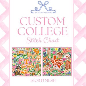 May include: A custom college needlepoint stitch chart featuring two square designs with collegiate themes, including mascots, stadiums, and floral patterns. The text reads "TWO STITCHES NEEDLEPOINT", "CUSTOM COLLEGE Stitch Chart", and "18 OR 13 MESH".