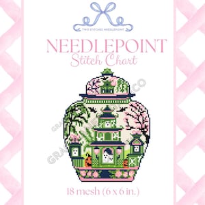 May include: A needlepoint stitch chart featuring a decorative ginger jar design with a pagoda, ghosts, and pumpkins in green, pink, and black. The text reads Two Stitches Needlepoint, Needlepoint Stitch Chart, and 18 mesh (15.24 x 15.24 cm).