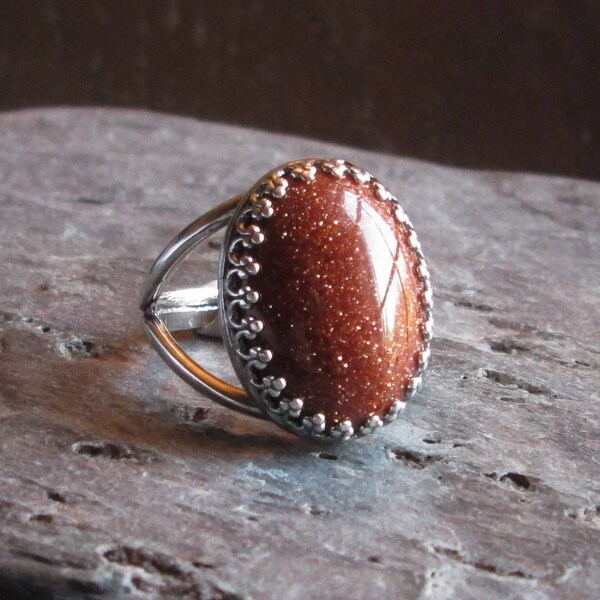 Goldstone ring, orange goldstone ring, antique silver ring, copper stone ring, holiday gift ideas, gift ideas for mom, unique Christmas gift