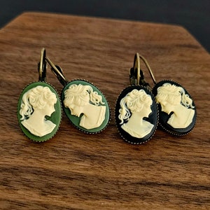 Cameo earrings, black cameo earrings, green cameo earrings, Irish cameo earrings, leverback earrings, cameo jewelry, gift ideas for mom image 1