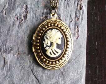 Black skeleton cameo locket necklace, antique brass locket, Halloween necklace, day of the dead locket, cameo jewelry, unique gift ideas
