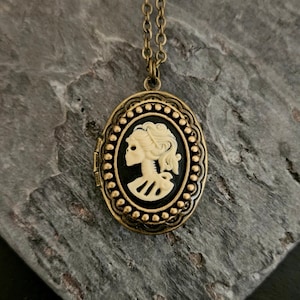 Black skeleton cameo locket necklace, antique brass locket, Halloween necklace, day of the dead locket, cameo jewelry, unique gift ideas