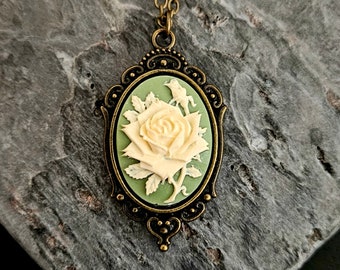 Irish rose cameo necklace, small rose cameo necklace, green rose necklace, cameo jewelry, holiday gift idea, mothers day gift