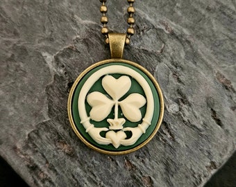 Irish Claddagh Cameo Necklace, Green & Cream, Antique Brass