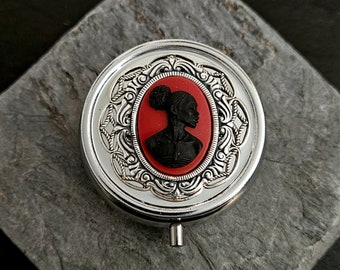 African pill box, silver pill box container, black cameo pill box, bridesmaid gift, holiday gift ideas, Christmas gift, gifts for Kwanzaa