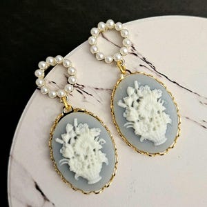 Blue Flower Cameo Earrings: Vintage Style Faux Pearl Dangle