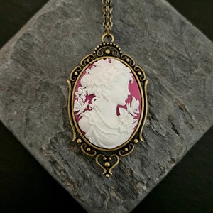 Raspberry pink cameo necklace, white cameo necklace, cameo pendant, long necklace, cameo jewelry, holiday gift ideas, gift ideas for mom