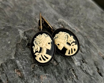 Skeleton cameo earrings, black ivory antique brass leverbacks, Halloween earrings, day of the dead, cameo jewelry, unique holiday gift ideas