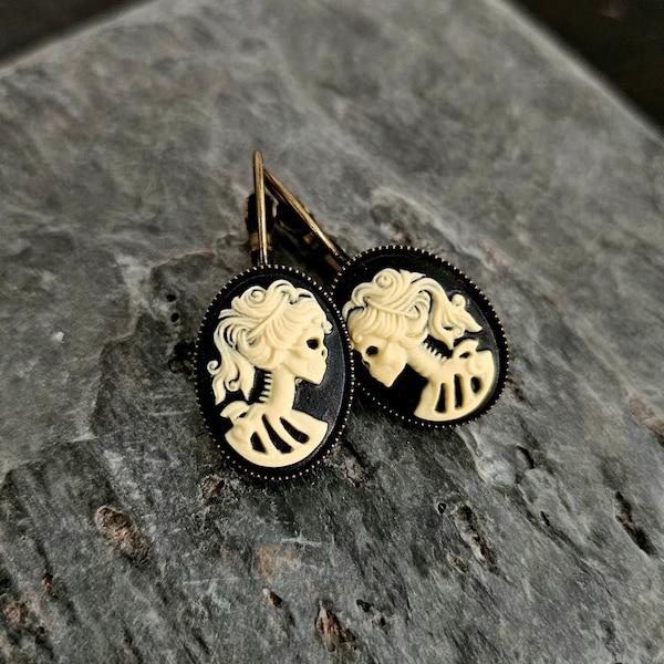 Skeleton cameo earrings, black ivory antique brass leverbacks, Halloween earrings, day of the dead, cameo jewelry, unique holiday gift ideas