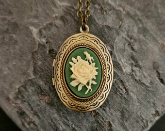 Green rose cameo locket necklace, irish rose locket, irish locket, antique brass locket, cameo jewelry, holiday gift idea, gift idea for mom