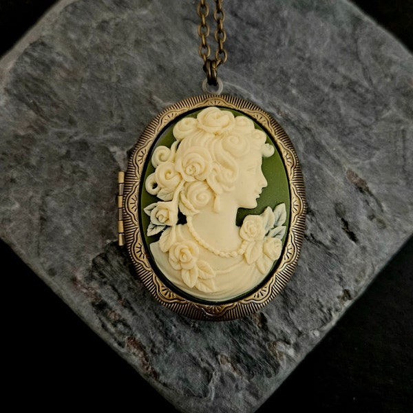 Green cameo locket, irish cameo locket, large locket, long necklace, antique brass locket, cameo jewelry, holiday gift ideas, gifts for mom