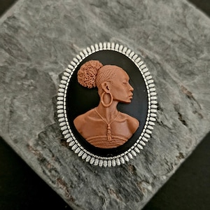African Woman Cameo Brooch, Antique Silver Plated Brass Setting