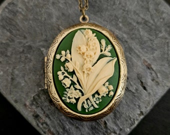 Lily flower cameo locket, green cameo necklace, lily of the valley, large locket, long necklace, cameo jewelry, gift ideas for mom