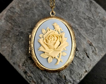 Rose cameo locket, blue rose cameo necklace, blue cameo, large locket, long necklace, rose jewelry, cameo jewelry, gift ideas for mom