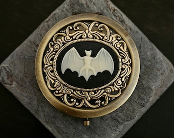 Gothic bat cameo compact mirror, antique brass mirror, bronze mirror, animal mirror, halloween gift, bridesmaid gift, unique gift ideas
