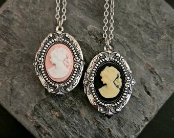 Small cameo locket, black cameo locket, pink cameo locket, silver cameo locket, cameo jewelry, holiday gift ideas, mothers day gift