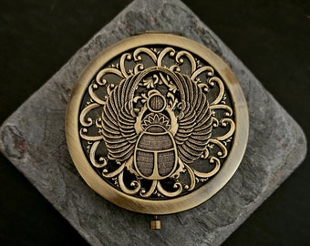 Scarab compact mirror, bronze compact, Egyptian compact mirror, bridesmaid gift, maid of honor gift, unique birthday gift, gift for her