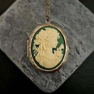Irish cameo locket, green cameo locket, large locket, long necklace, antique brass locket, cameo jewelry, holiday gift ideas, gifts for mom