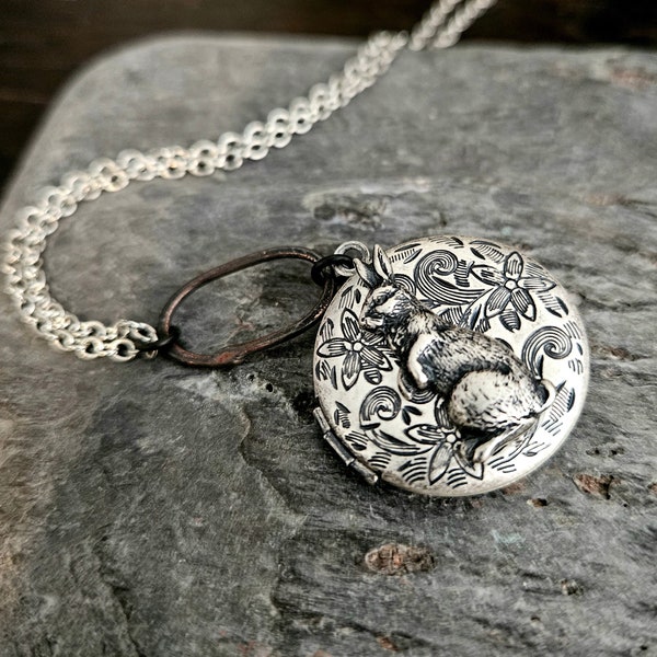 Bunny locket necklace, silver rabbit locket, animal locket, wonderland locket, unique gift ideas, alice in wonderland gift