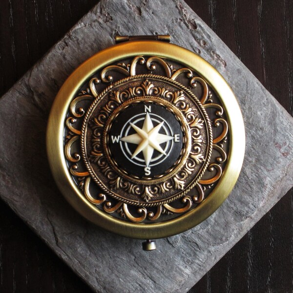 Compass rose compact mirror, antique brass compact mirror, nautical mirror, cameo mirror, bridesmaid gift, unique Christmas gift