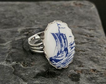 Blue delft ring, sailboat ring, porcelain ring, cameo ring, antique silver ring, nautical ring, holiday gift ideas, unique Christmas gift