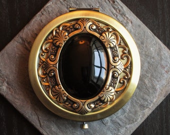 Onyx compact mirror, gemstone compact mirror, heirloom compact mirror, bronze mirror, bridesmaid gift, maid of honor gift