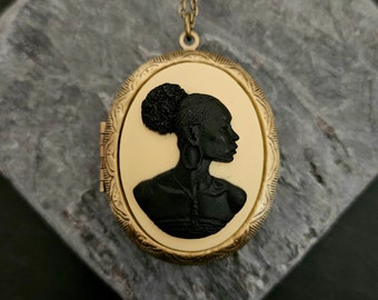 African cameo locket, black cameo locket, antique brass locket, African American locket, long necklace, large locket, Kwanzaa gift,