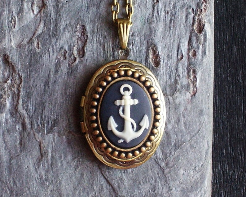 Anchor Cameo Locket Navy Blue Necklace Antique Brass Locket Etsy