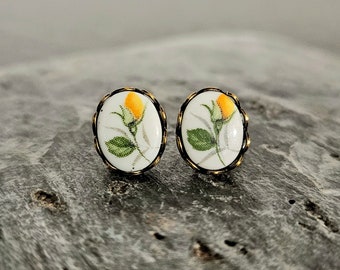 Rose cameo stud earrings, yellow flower studs, vintage cameo post earrings, floral earrings, gift ideas for her, unique holiday gift